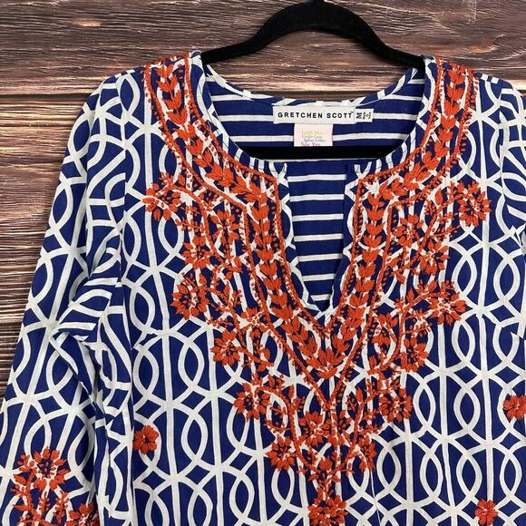 Gretchen Scott Blue Orange Stripe Embroidered Tunic Top Womens Size Medium M - Picture 3 of 7